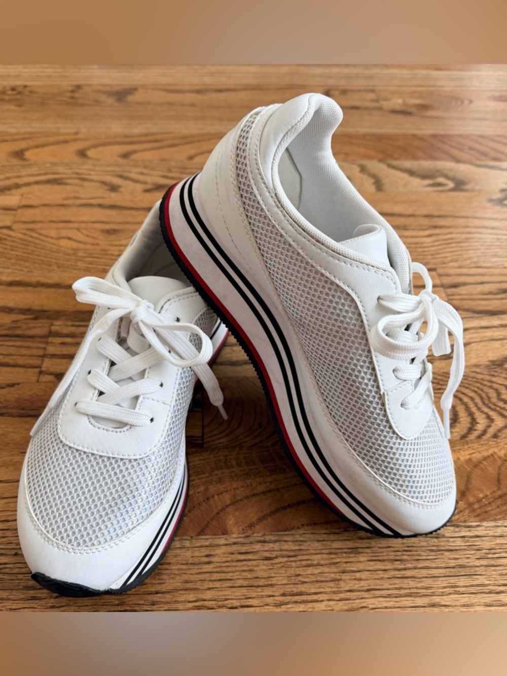 Armani Exchange White Sneakers with Red and Black Stripe Detail